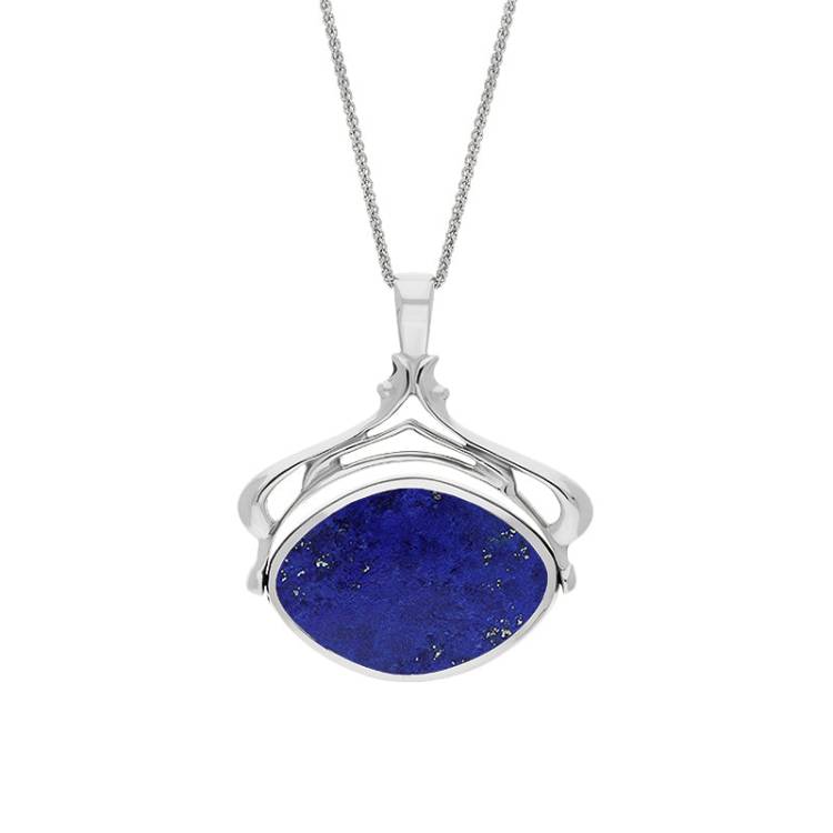 9ct White Gold Whitby Jet Lapis Lazuli Marquise Swivel Fob Necklace - Gold