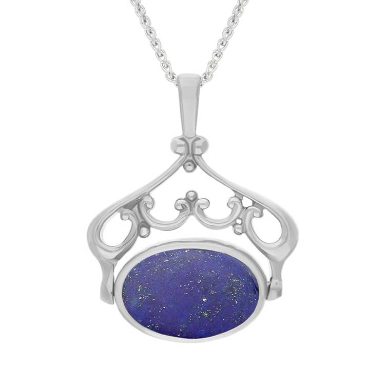 9ct White Gold Whitby Jet Lapis Lazuli Double Sided Oval Swivel Fob Necklace - White Gold