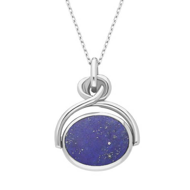 9ct White Gold Whitby Jet Lapis Lazuli Oval Swivel Fob Necklace - White Gold