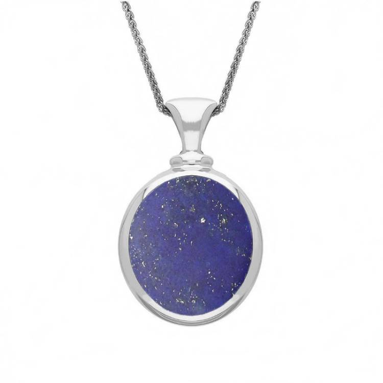 9ct White Gold Whitby Jet Lapis Lazuli Small Double Sided Oval Fob Necklace - White Gold