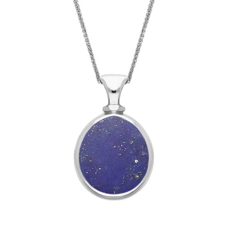 9ct White Gold Whitby Jet Lapis Lazuli Small Double Sided Pear Fob Necklace