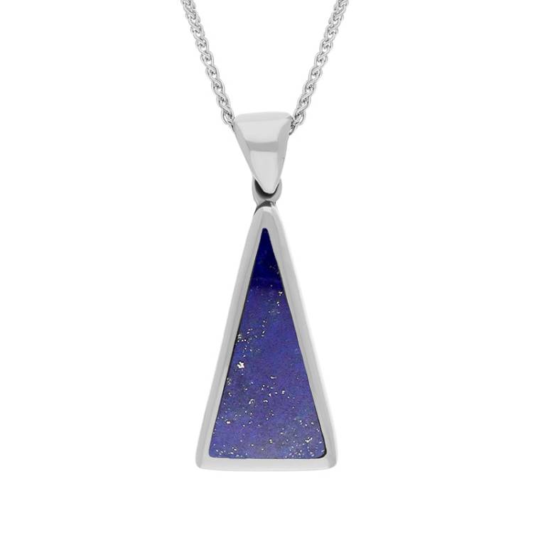 9ct White Gold Whitby Jet Lapis Lazuli Small Double Sided Triangular Fob Necklace - White Gold