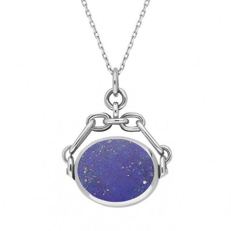 9ct White Gold Whitby Jet Lapis Lazuli Double Sided Swivel Fob Necklace - White Gold