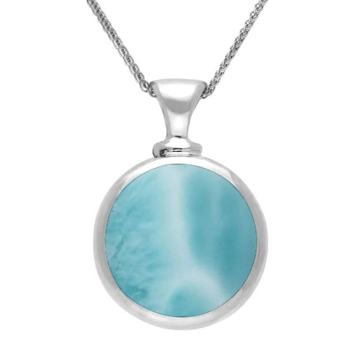 9ct White Gold Whitby Jet Larimar Double Sided Round Dinky Fob Necklace - White Gold