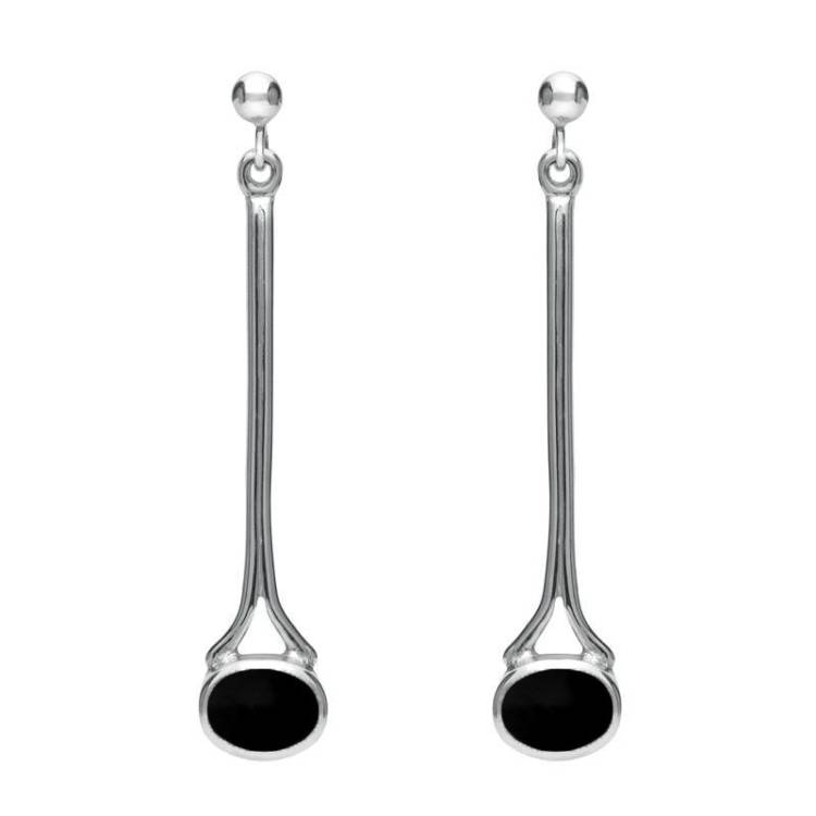 9ct White Gold Whitby Jet Long Drop Earrings - Gold