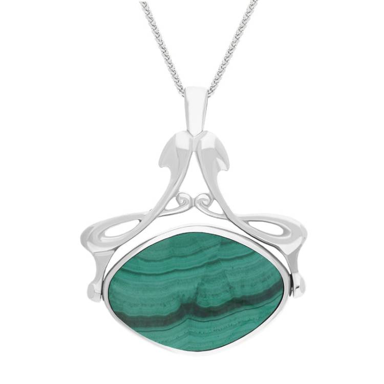 9ct White Gold Whitby Jet Malachite Bell Diamond Swivel Fob Necklace - Gold