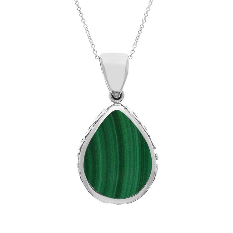 9ct White Gold Whitby Jet Malachite Double Sided Celtic Pear Cut Fob Necklace - White Gold