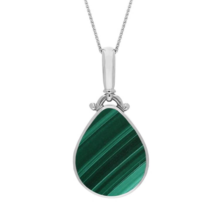 9ct White Gold Whitby Jet Malachite Double Sided Pear Fob Necklace - White Gold