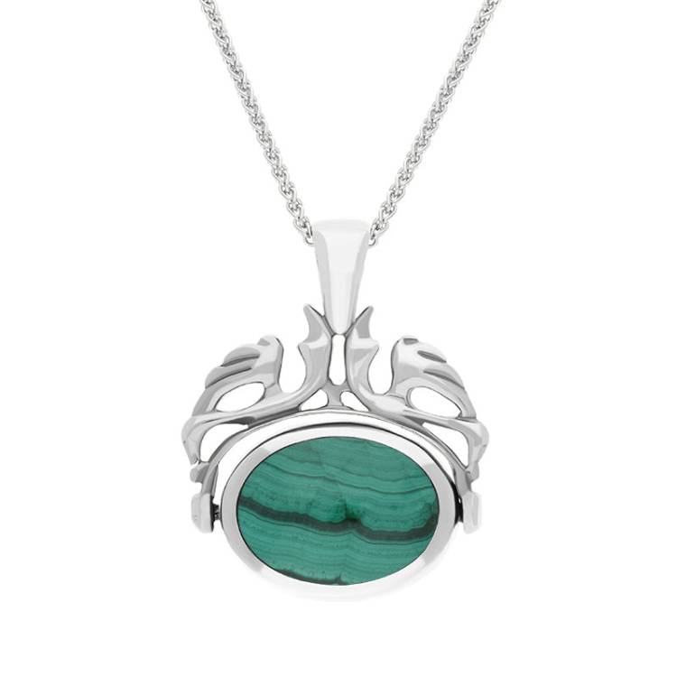 9ct White Gold Whitby Jet Malachite Double Sided Oval Swivel Fob Necklace - White Gold