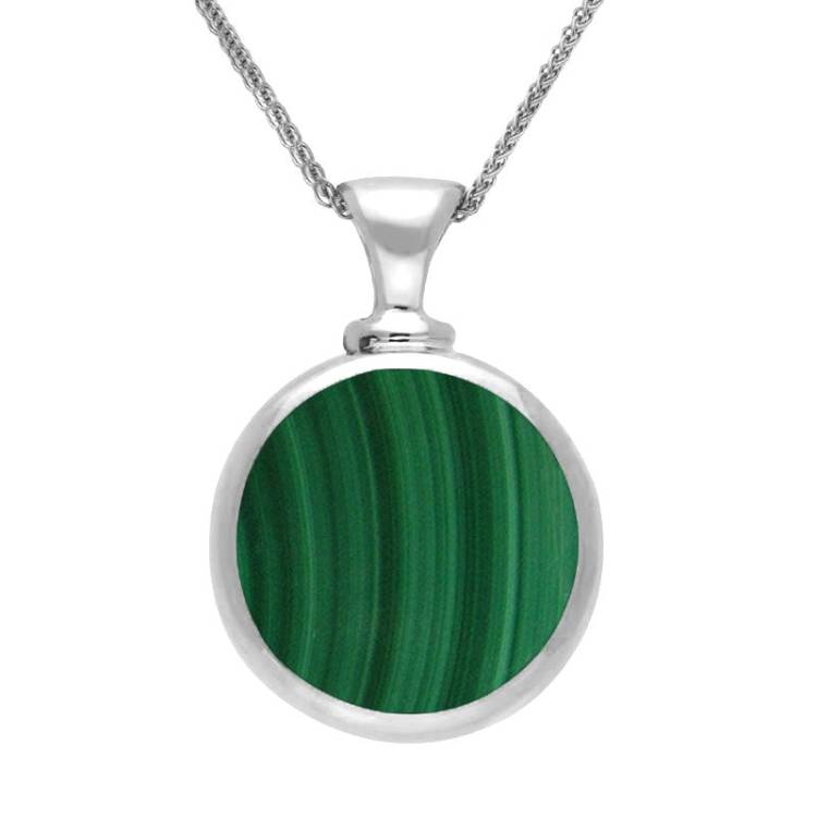 9ct White Gold Whitby Jet Malachite Double Sided Round Dinky Fob Necklace - White Gold