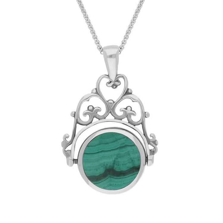 9ct White Gold Whitby Jet Malachite Double Sided Round Swivel Fob Necklace - White Gold