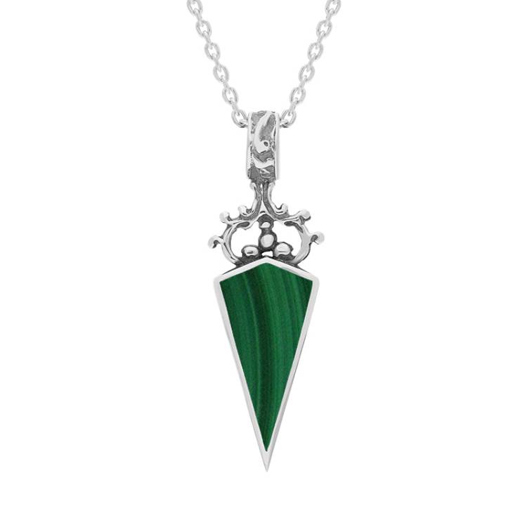 9ct White Gold Whitby Jet Malachite Double Sided Scroll Top Dagger Fob Necklace - White Gold