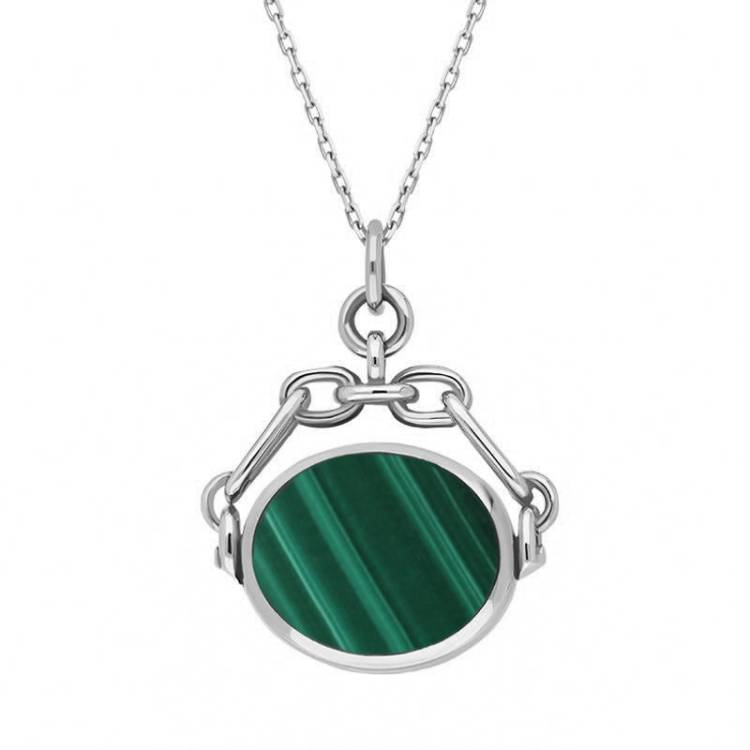 9ct White Gold Whitby Jet Malachite Double Sided Swivel Fob Necklace - White Gold