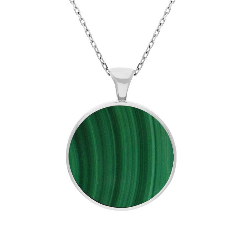 9ct White Gold Whitby Jet Malachite Large Double Sided Round Fob Necklace - White Gold