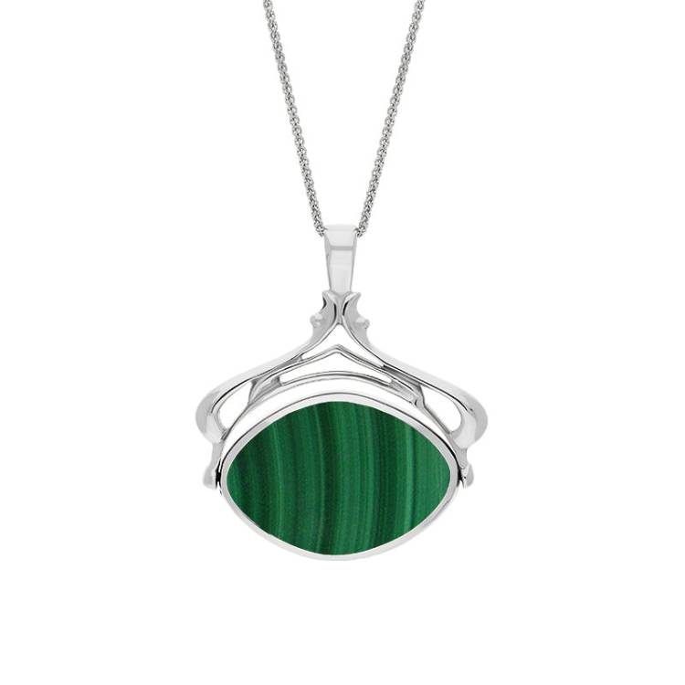 9ct White Gold Whitby Jet Malachite Marquise Swivel Fob Necklace - Gold