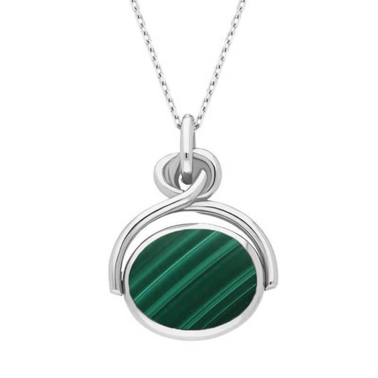 9ct White Gold Whitby Jet Malachite Oval Swivel Fob Necklace - White Gold