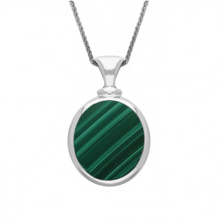 9ct White Gold Whitby Jet Malachite Small Double Sided Oval Fob Necklace - White Gold