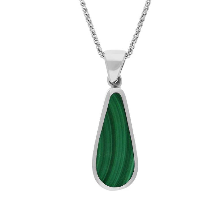 9ct White Gold Whitby Jet Malachite Small Double Sided Pear Cut Fob Necklace - White Gold