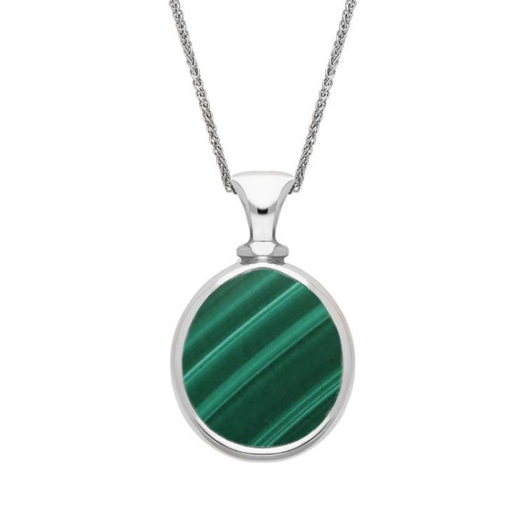 9ct White Gold Whitby Jet Malachite Small Double Sided Pear Fob Necklace