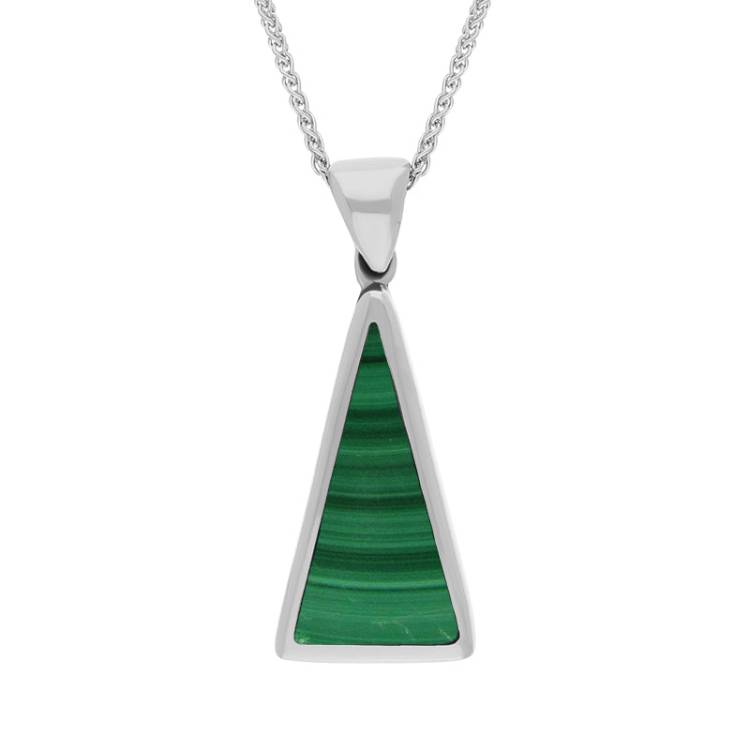 9ct White Gold Whitby Jet Malachite Small Double Sided Triangular Fob Necklace - White Gold