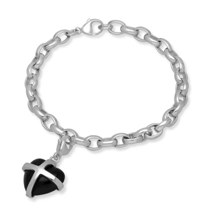 9ct White Gold Whitby Jet Medium Cross Heart Charm Bracelet - Option1 Value Gold