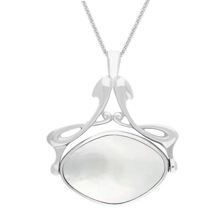 9ct White Gold Whitby Jet Mother Of Pearl Bell Diamond Swivel Fob Necklace - Gold