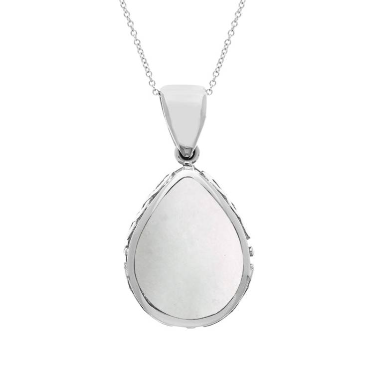 9ct White Gold Whitby Jet Mother Of Pearl Double Sided Celtic Pear Cut Fob Necklace - White Gold