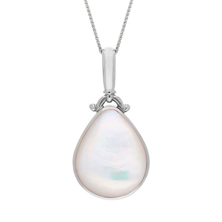 9ct White Gold Whitby Jet Mother of Pearl Double Sided Pear Fob Necklace - White Gold