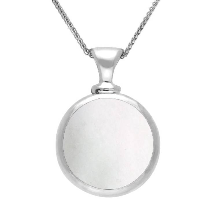 9ct White Gold Whitby Jet Mother Of Pearl Double Sided Round Dinky Fob Necklace - White Gold