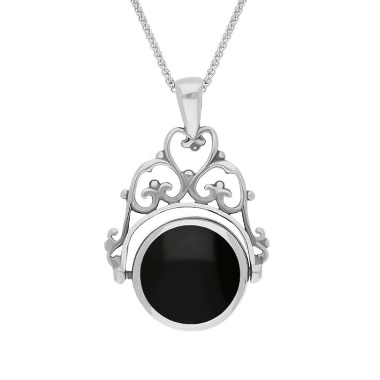 9ct White Gold Whitby Jet Mother Of Pearl Double Sided Round Swivel Fob Necklace - White Gold