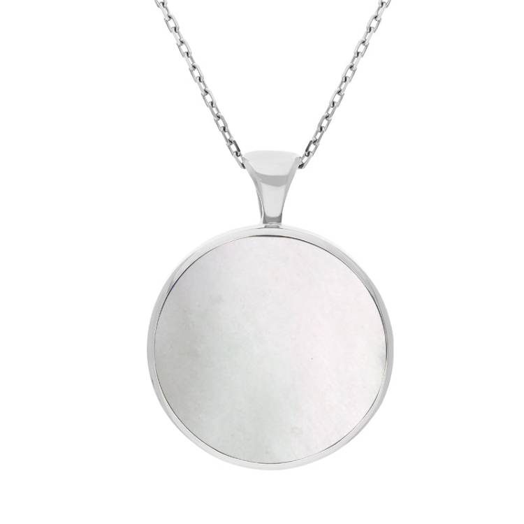 9ct White Gold Whitby Jet Mother Of Pearl Large Double Sided Round Fob Necklace - White Gold