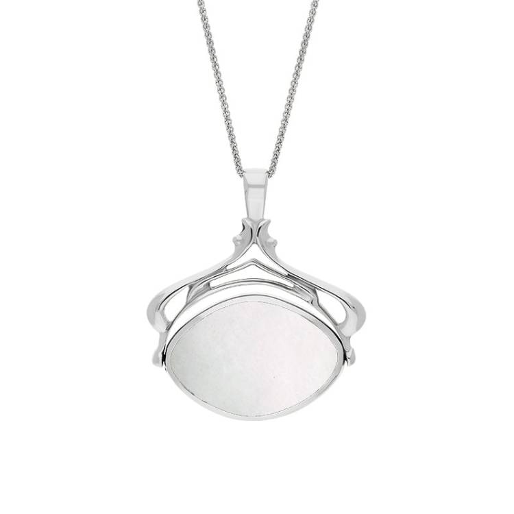 9ct White Gold Whitby Jet Mother Of Pearl Marquise Swivel Fob Necklace - Gold