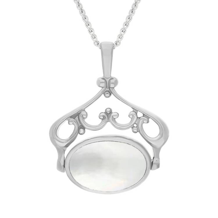 9ct White Gold Whitby Jet Mother Of Pearl Double Sided Oval Swivel Fob Necklace - White Gold