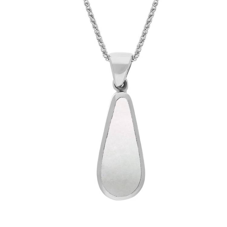 9ct White Gold Whitby Jet Mother Of Pearl Small Double Sided Pear Cut Fob Necklace - White Gold