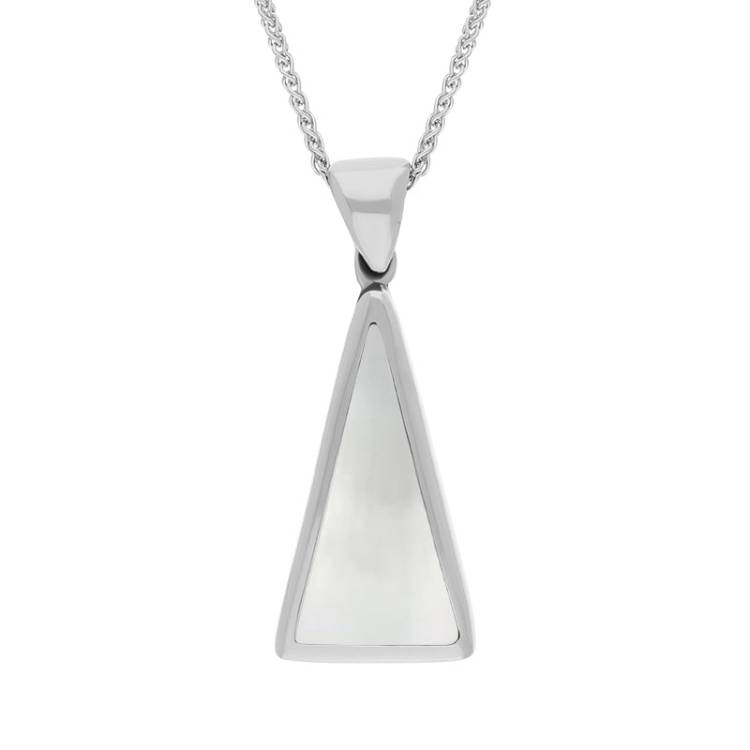 9ct White Gold Whitby Jet Mother Of Pearl Double Sided Triangular Fob Necklace - White Gold
