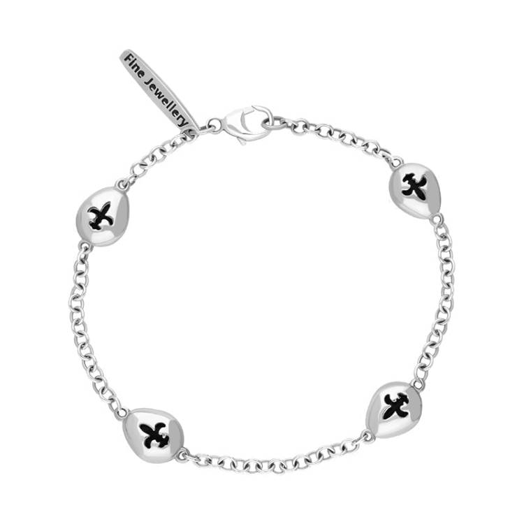 9ct White Gold Whitby Jet Oval Fleur De Lis Detail Four Stone Bracelet - White Gold