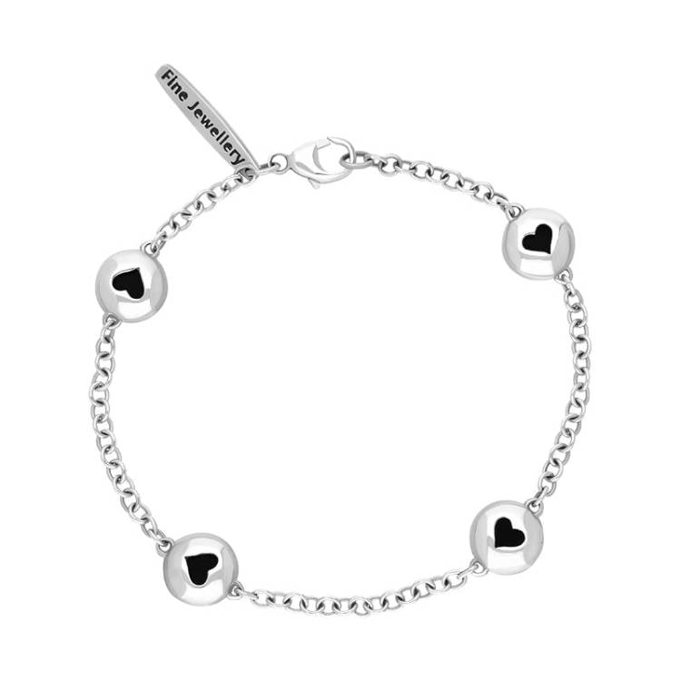 9ct White Gold Whitby Jet Oval Heart Detail Four Stone Bracelet - White Gold