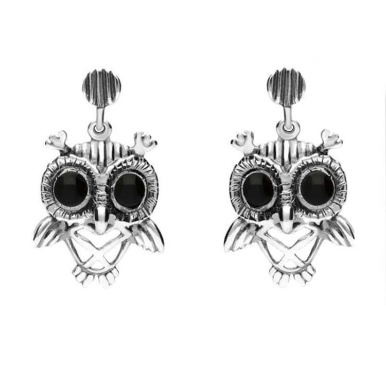 9ct White Gold Whitby Jet Owl Stud Earrings