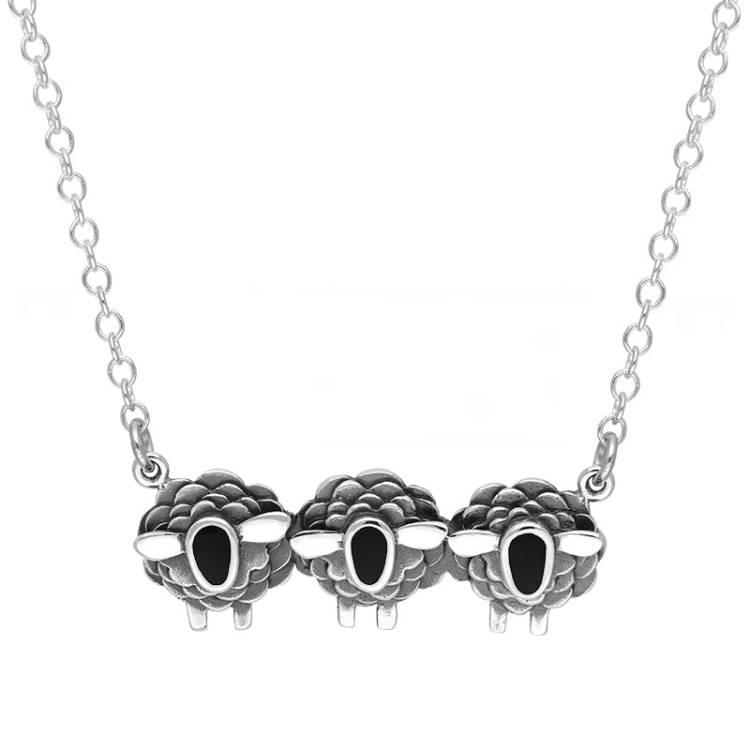9ct White Gold Whitby Jet Three Sheep Necklace - Gold