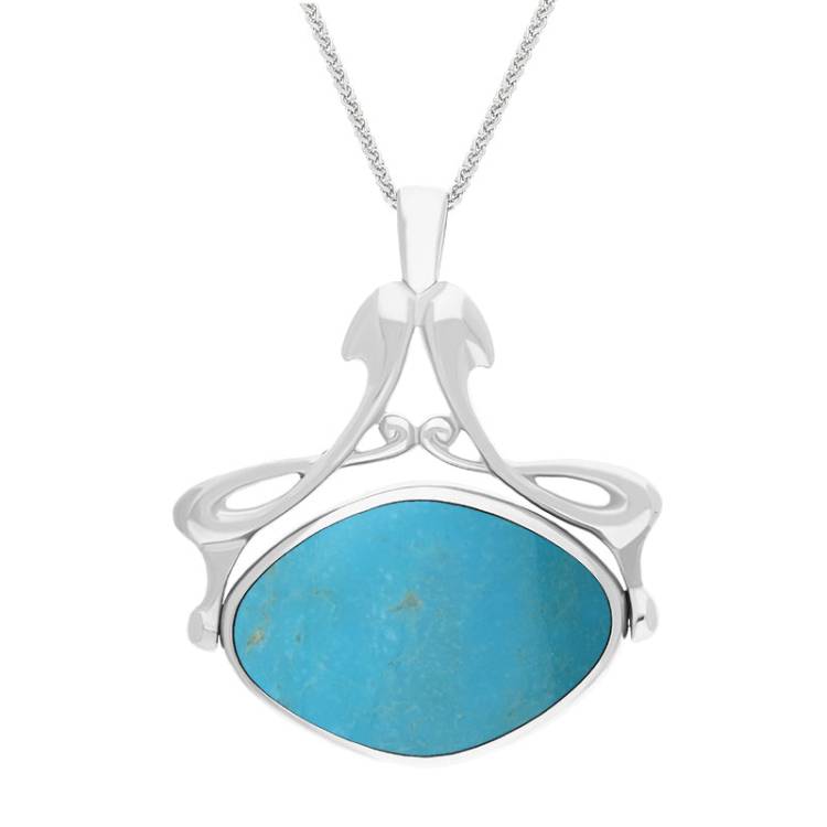 9ct White Gold Whitby Jet Turquoise Bell Diamond Swivel Fob Necklace - Gold