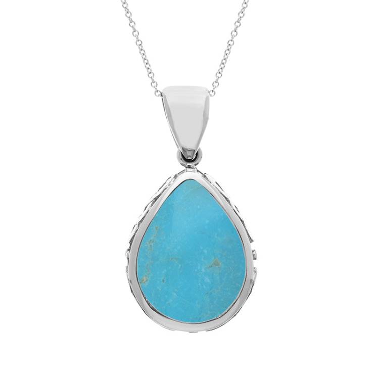 9ct White Gold Whitby Jet Turquoise Double Sided Celtic Pear Cut Fob Necklace - White Gold