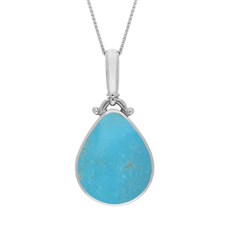 9ct White Gold Whitby Jet Turquoise Double Sided Pear Fob Necklace - White Gold