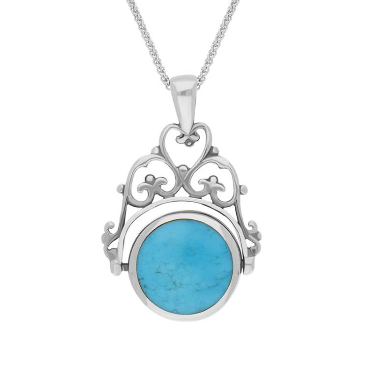 9ct White Gold Whitby Jet Turquoise Double Sided Round Swivel Fob Necklace - White Gold