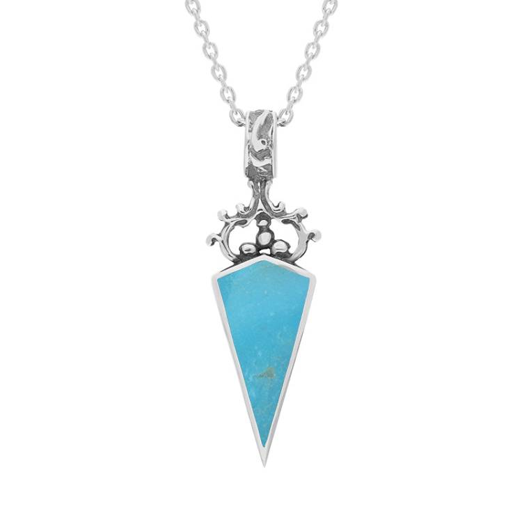 9ct White Gold Whitby Jet Turquoise Double Sided Scroll Top Dagger Fob Necklace - White Gold