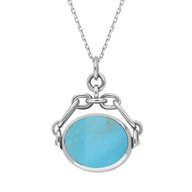 9ct White Gold Whitby Jet Turquoise Double Sided Swivel Fob Necklace - White Gold