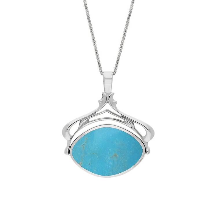 9ct White Gold Whitby Jet Turquoise Marquise Swivel Fob Necklace - Gold