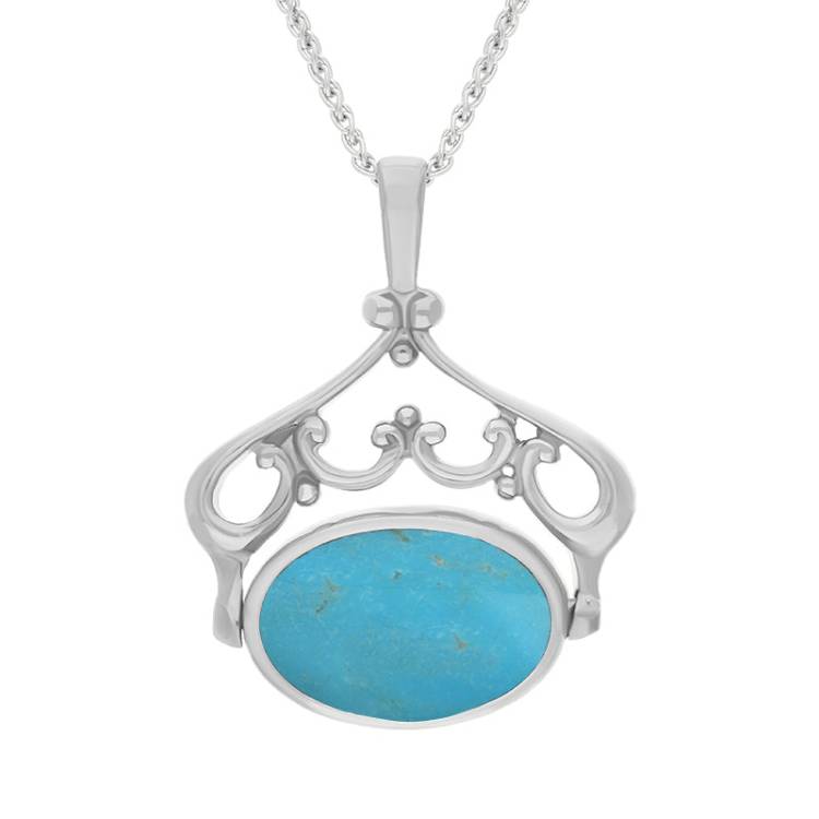 9ct White Gold Whitby Jet Turquoise Double Sided Oval Swivel Fob Necklace - White Gold