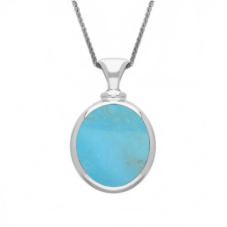 9ct White Gold Whitby Jet Turquoise Small Double Sided Oval Fob Necklace - White Gold