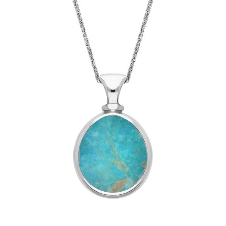 9ct White Gold Whitby Jet Turquoise Small Double Sided Pear Fob Necklace