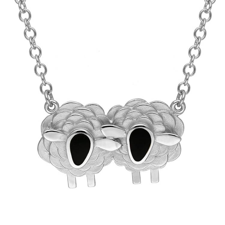 9ct White Gold Whitby Jet Two Large Sheep Necklace - Gold